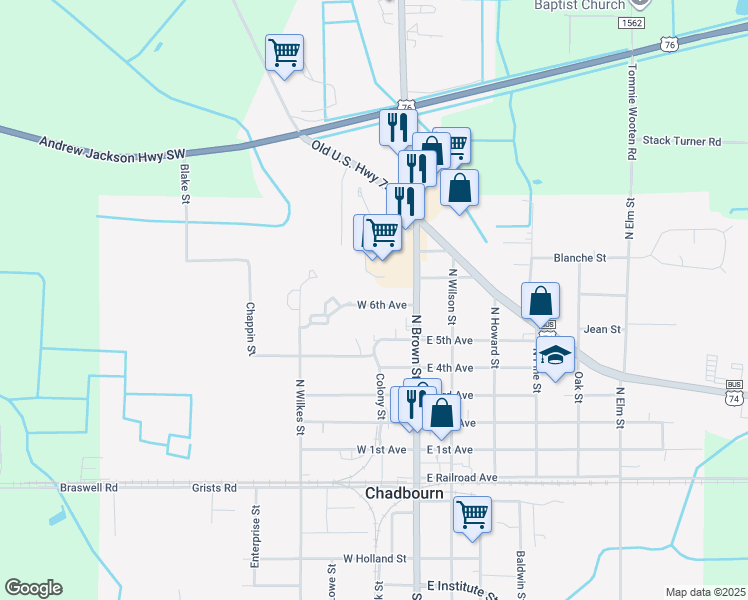 map of restaurants, bars, coffee shops, grocery stores, and more near 11-4 West 6th Avenue in Chadbourn