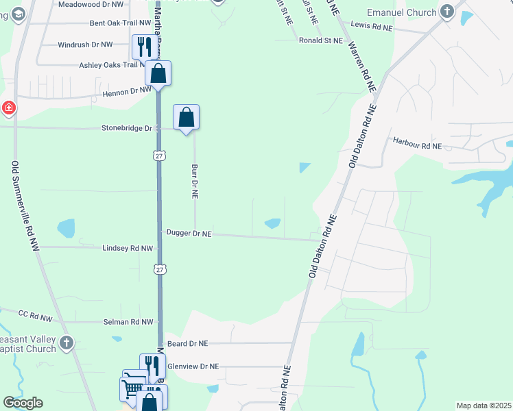 map of restaurants, bars, coffee shops, grocery stores, and more near 10 Oakcrest Trail Northeast in Rome