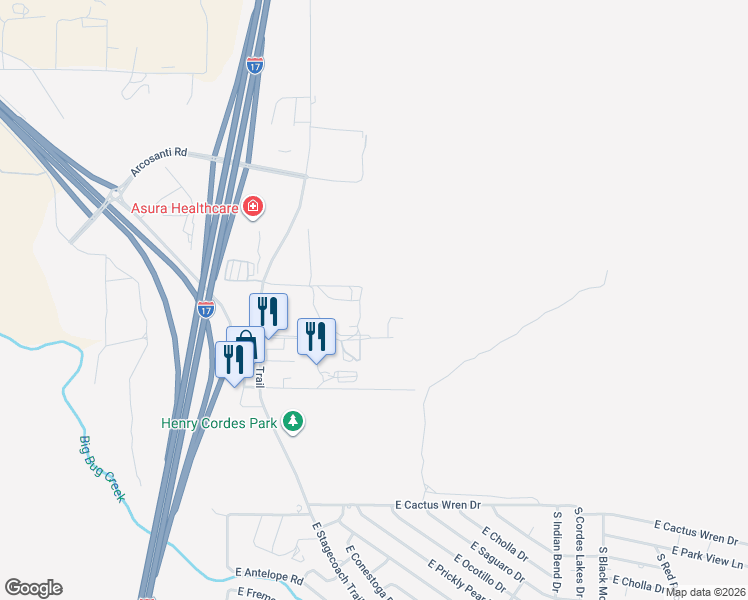 map of restaurants, bars, coffee shops, grocery stores, and more near 19845 East Lichen Road in Mayer