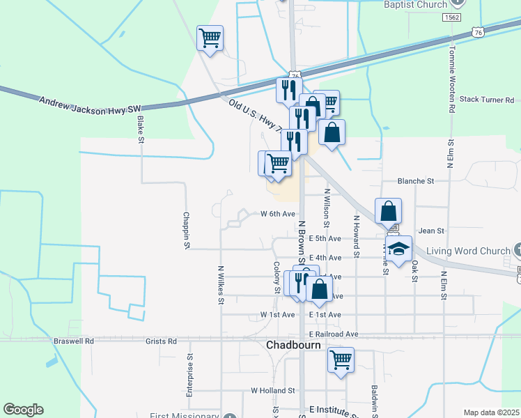 map of restaurants, bars, coffee shops, grocery stores, and more near 106 West 6th Avenue in Chadbourn