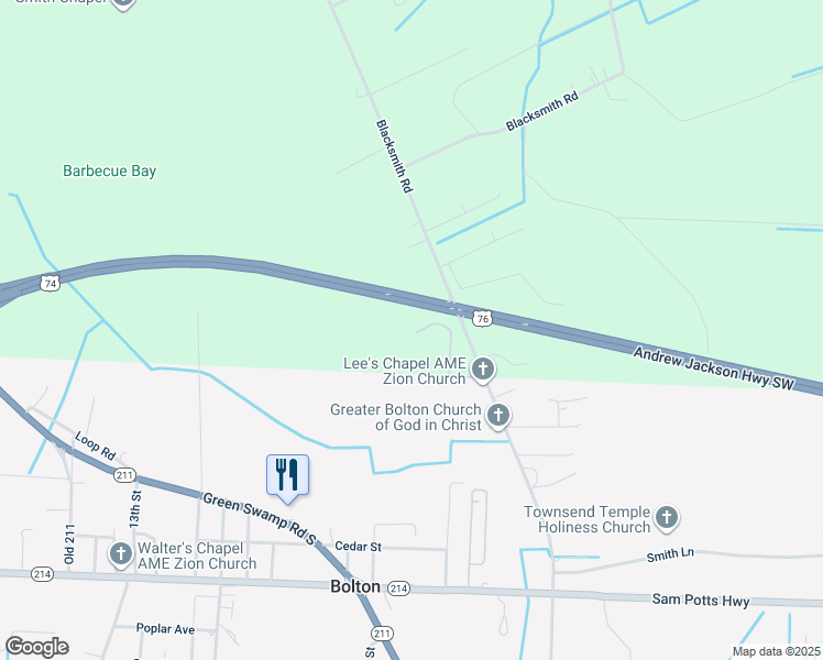 map of restaurants, bars, coffee shops, grocery stores, and more near 276 Harvey Bowen Lane in Bolton
