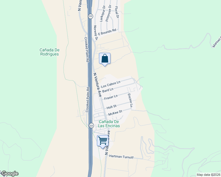 map of restaurants, bars, coffee shops, grocery stores, and more near 148 Bard Lane in Ventura