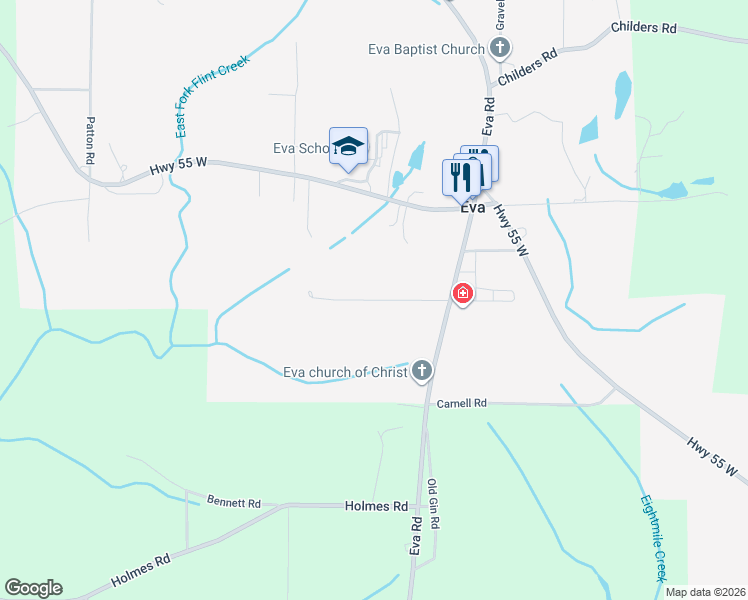 map of restaurants, bars, coffee shops, grocery stores, and more near 69 Ryan Road in Eva