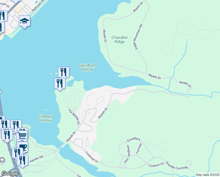 map of restaurants, bars, coffee shops, grocery stores, and more near 3316 Wyeth Lane in Guntersville