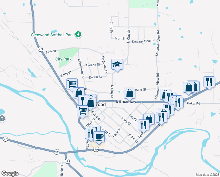 map of restaurants, bars, coffee shops, grocery stores, and more near 209 North Clay Street in Glenwood