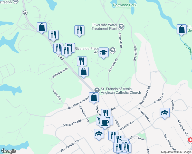 map of restaurants, bars, coffee shops, grocery stores, and more near 1885 Lake Warner Road in Gainesville