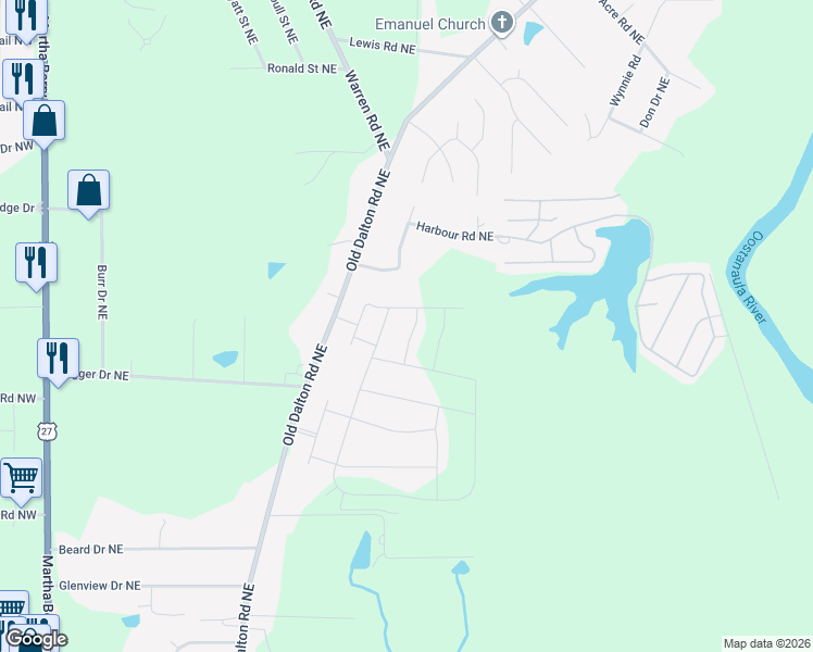 map of restaurants, bars, coffee shops, grocery stores, and more near 4 Misty Oaks Ln NE in Rome