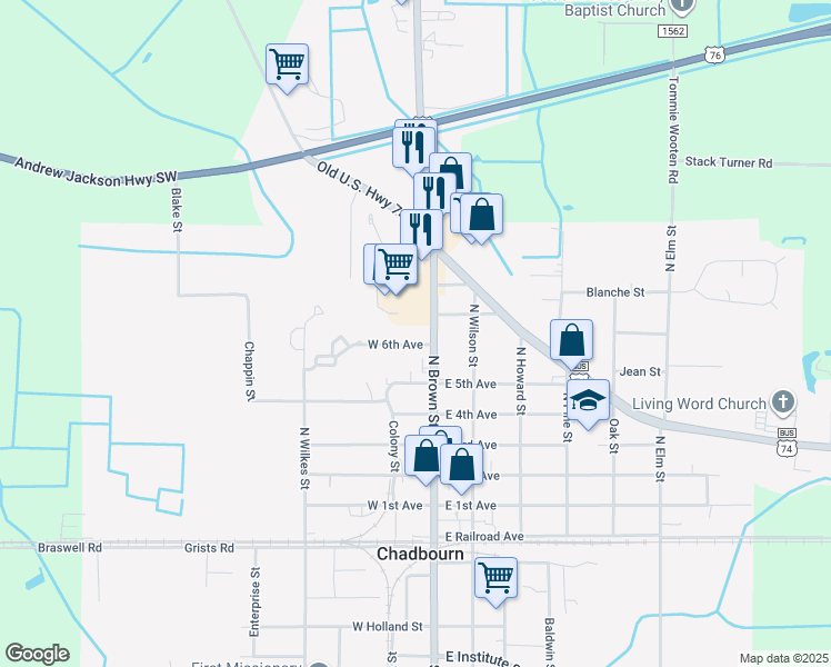 map of restaurants, bars, coffee shops, grocery stores, and more near 106 West 6th Avenue in Chadbourn