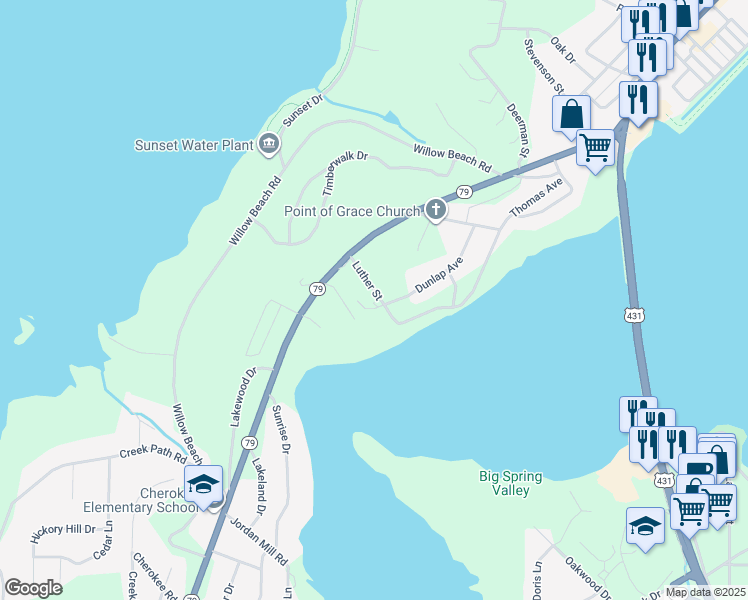 map of restaurants, bars, coffee shops, grocery stores, and more near 2800 Dunlap Avenue in Guntersville