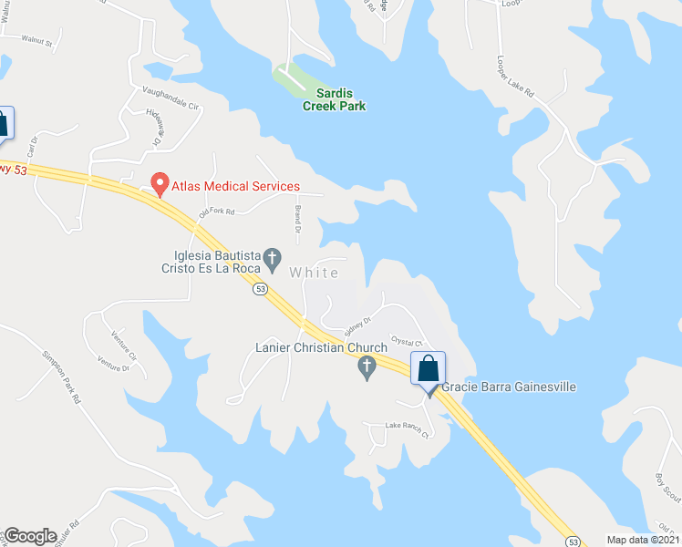 map of restaurants, bars, coffee shops, grocery stores, and more near 2388 Ford White Road in Gainesville