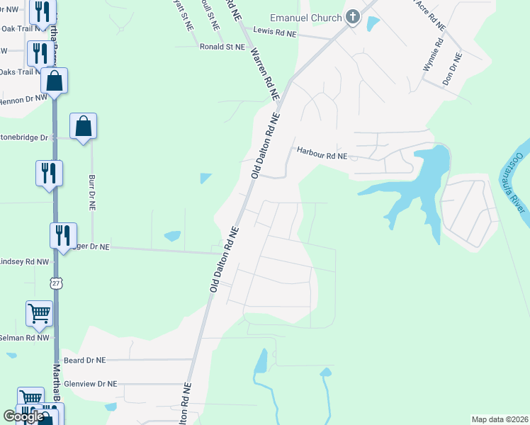map of restaurants, bars, coffee shops, grocery stores, and more near 6 Spanish Oaks Trail NE in Rome