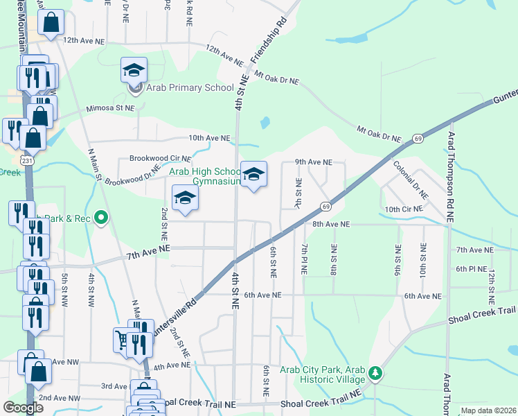 map of restaurants, bars, coffee shops, grocery stores, and more near 511 Arabian Drive Northeast in Arab