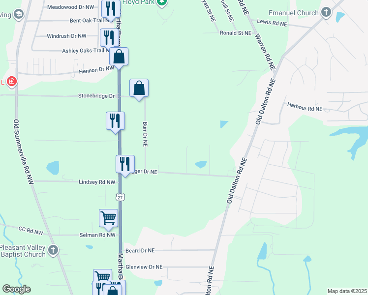 map of restaurants, bars, coffee shops, grocery stores, and more near 11 Oakcrest Trail Northeast in Rome