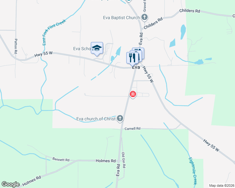 map of restaurants, bars, coffee shops, grocery stores, and more near 43 Ryan Road in Eva