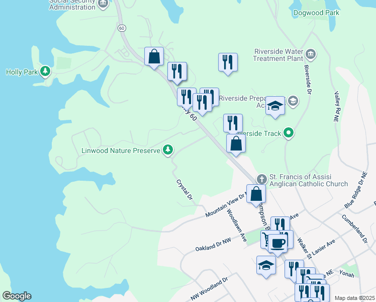 map of restaurants, bars, coffee shops, grocery stores, and more near 111 Springview Drive in Gainesville