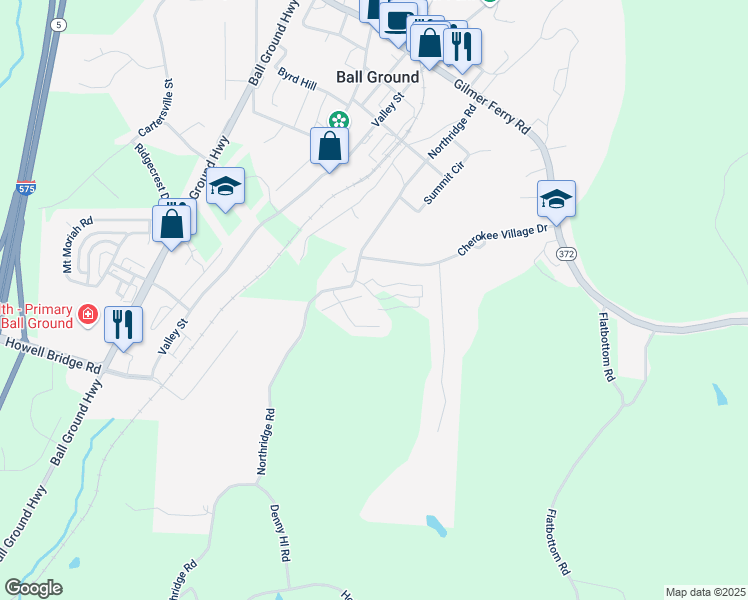 map of restaurants, bars, coffee shops, grocery stores, and more near 328 Creek Wood Park Drive in Ball Ground