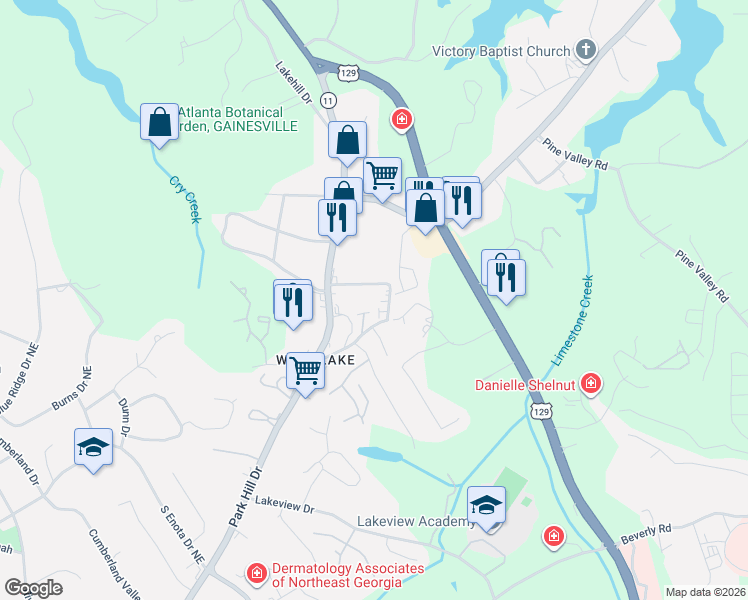 map of restaurants, bars, coffee shops, grocery stores, and more near 162 Senior Circle Northeast in Gainesville