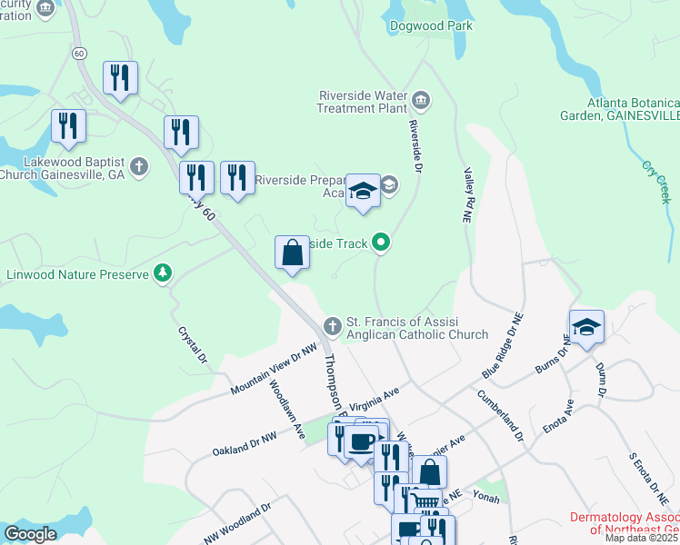 map of restaurants, bars, coffee shops, grocery stores, and more near 1885 Lake Warner Road in Gainesville