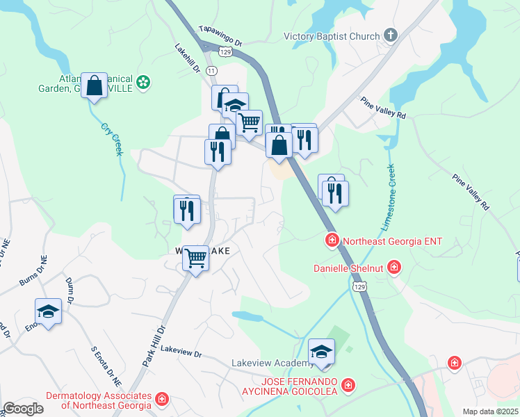 map of restaurants, bars, coffee shops, grocery stores, and more near 162 Senior Circle Northeast in Gainesville