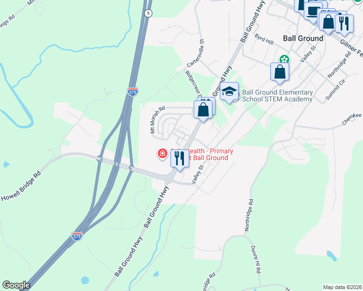 map of restaurants, bars, coffee shops, grocery stores, and more near 615 Myers Gate Road in Ball Ground