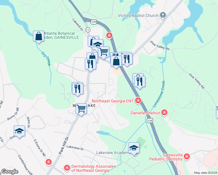 map of restaurants, bars, coffee shops, grocery stores, and more near 162 Senior Circle Northeast in Gainesville