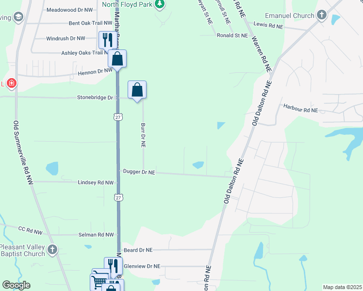 map of restaurants, bars, coffee shops, grocery stores, and more near 11 Oakcrest Trail Northeast in Rome