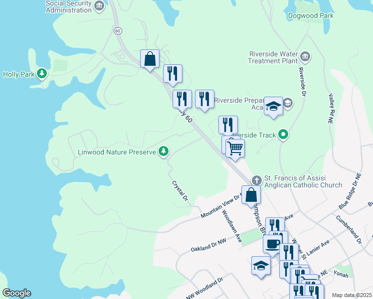 map of restaurants, bars, coffee shops, grocery stores, and more near 109 Springview Drive in Gainesville