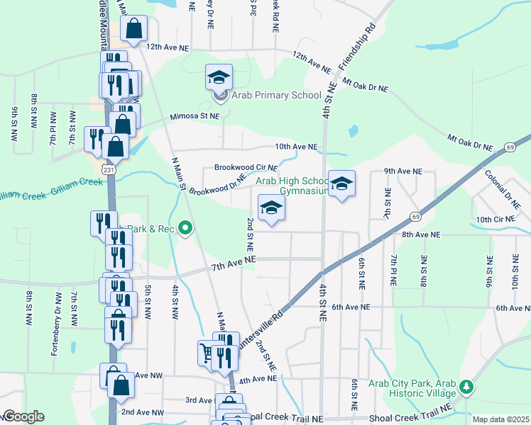 map of restaurants, bars, coffee shops, grocery stores, and more near 241 8th Avenue Northeast in Arab