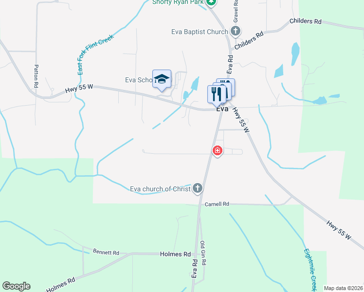 map of restaurants, bars, coffee shops, grocery stores, and more near 69 Ryan Road in Eva