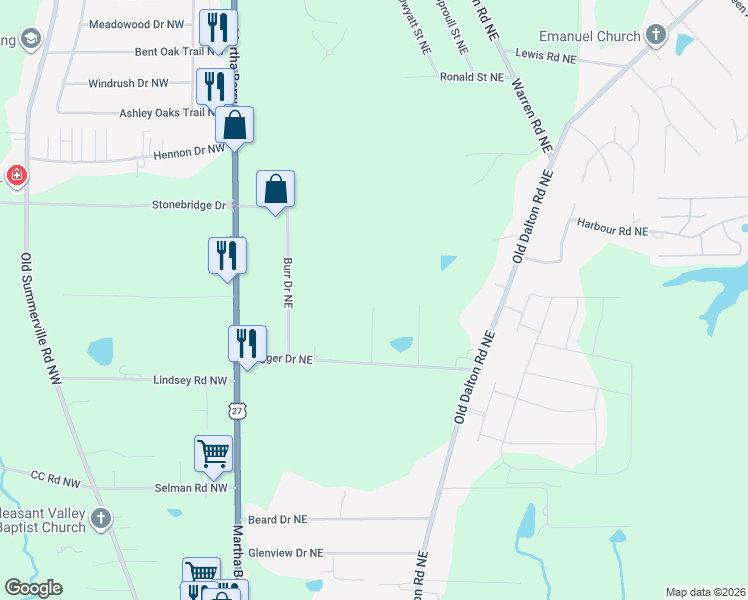 map of restaurants, bars, coffee shops, grocery stores, and more near 11 Oakcrest Trail Northeast in Rome