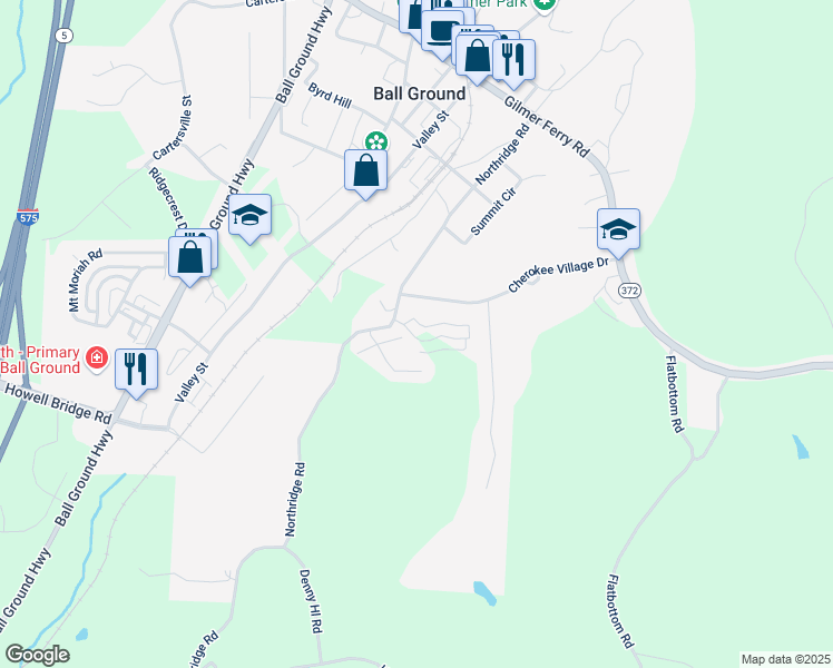 map of restaurants, bars, coffee shops, grocery stores, and more near 321 Creek Wood Park Drive in Ball Ground