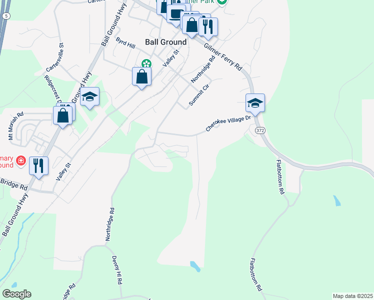 map of restaurants, bars, coffee shops, grocery stores, and more near 369 Creek Wood Park Drive in Ball Ground