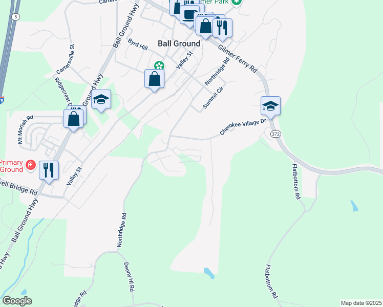 map of restaurants, bars, coffee shops, grocery stores, and more near 349 Creek Wood Park Drive in Ball Ground