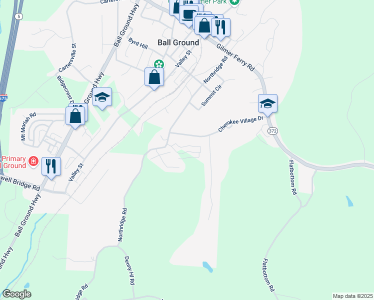 map of restaurants, bars, coffee shops, grocery stores, and more near 341 Creek Wood Park Drive in Ball Ground