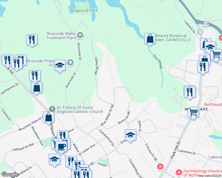 map of restaurants, bars, coffee shops, grocery stores, and more near 1685 Blue Ridge Drive Northeast in Gainesville