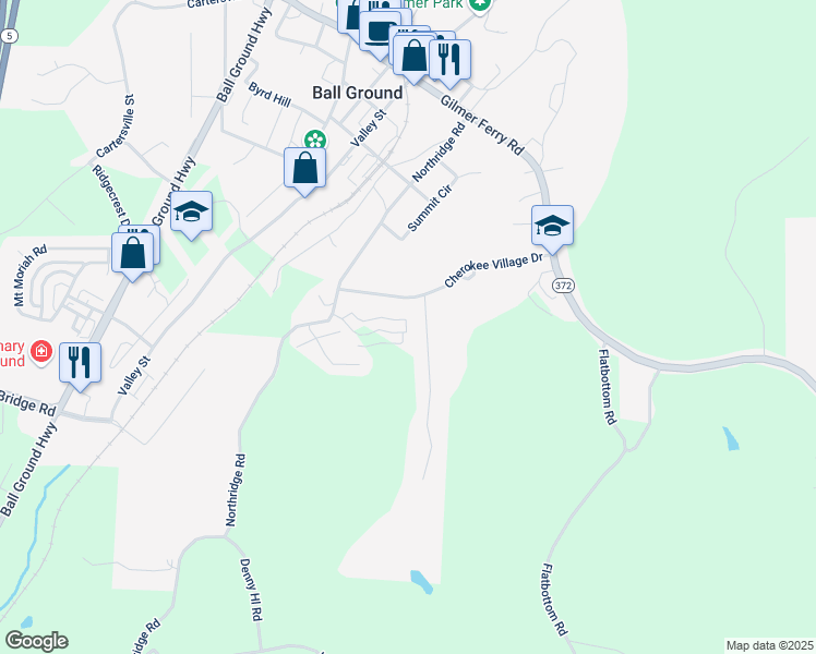 map of restaurants, bars, coffee shops, grocery stores, and more near 373 Creek Wood Park Drive in Ball Ground