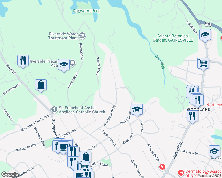 map of restaurants, bars, coffee shops, grocery stores, and more near 1685 Blue Ridge Drive Northeast in Gainesville
