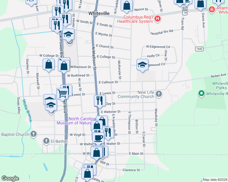 map of restaurants, bars, coffee shops, grocery stores, and more near 206 East Lewis Street in Whiteville