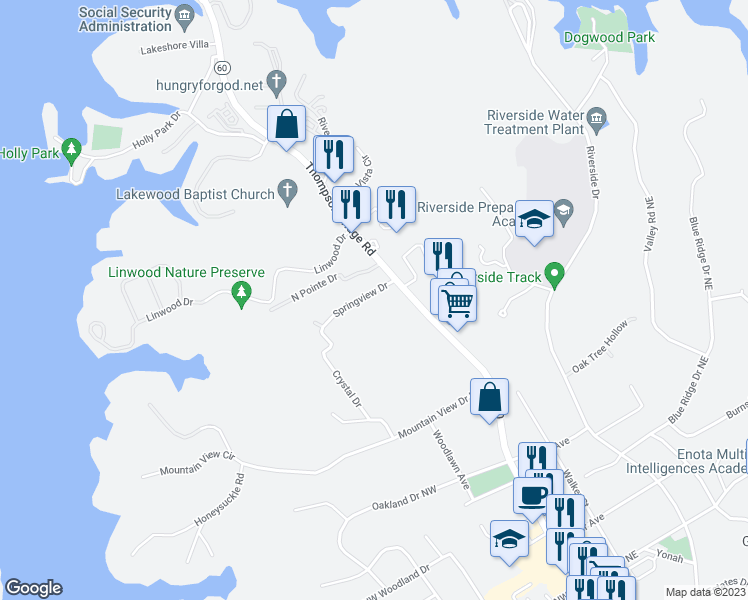 map of restaurants, bars, coffee shops, grocery stores, and more near 105 Springview Drive in Gainesville