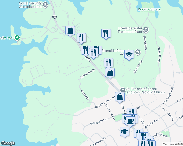 map of restaurants, bars, coffee shops, grocery stores, and more near 105 Springview Drive in Gainesville