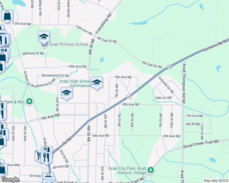 map of restaurants, bars, coffee shops, grocery stores, and more near 809 7th Street Northeast in Arab