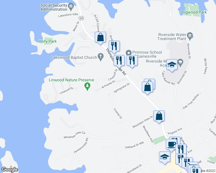 map of restaurants, bars, coffee shops, grocery stores, and more near 319 Linwood Drive in Gainesville