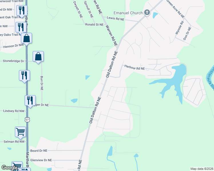 map of restaurants, bars, coffee shops, grocery stores, and more near 1065 Old Dalton Road Northeast in Rome