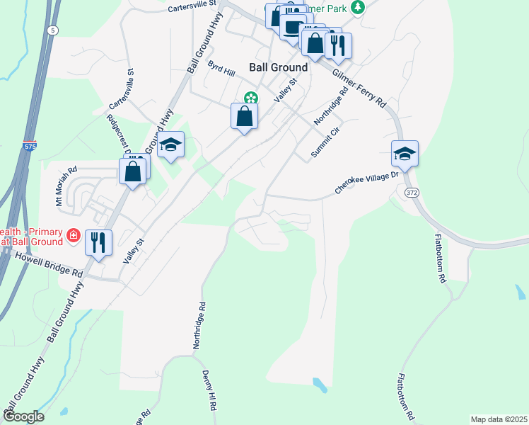map of restaurants, bars, coffee shops, grocery stores, and more near 373 Creek Wood Park Drive in Ball Ground