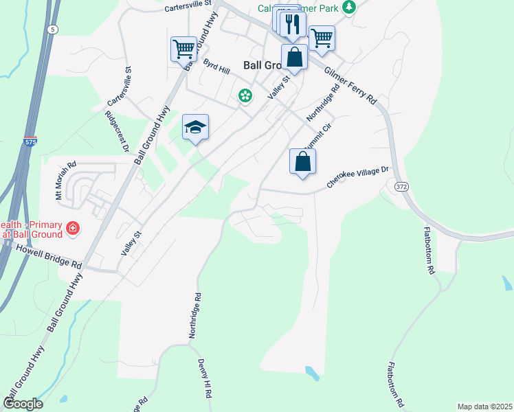 map of restaurants, bars, coffee shops, grocery stores, and more near 321 Creek Wood Park Drive in Ball Ground