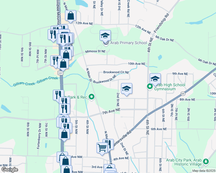 map of restaurants, bars, coffee shops, grocery stores, and more near 108 Brookwood Drive Northeast in Arab