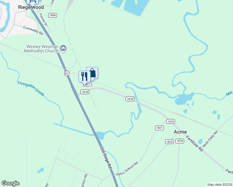 map of restaurants, bars, coffee shops, grocery stores, and more near State Road 1878 in Riegelwood