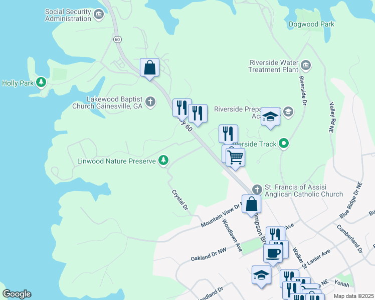 map of restaurants, bars, coffee shops, grocery stores, and more near 104 Springview Drive in Gainesville
