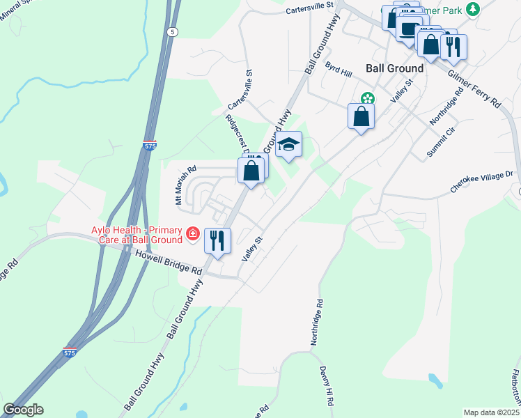 map of restaurants, bars, coffee shops, grocery stores, and more near 127 Old Canton Road in Ball Ground