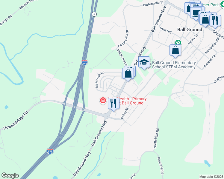 map of restaurants, bars, coffee shops, grocery stores, and more near East Gate Trail in Ball Ground